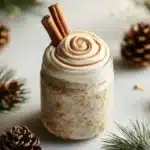 Bowl of festive cinnamon roll overnight oats topped with icing and spices