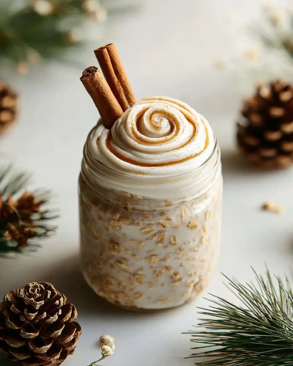 Bowl of festive cinnamon roll overnight oats topped with icing and spices