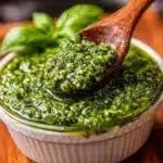 Bowl of homemade fresh basil pesto with pine nuts and garlic