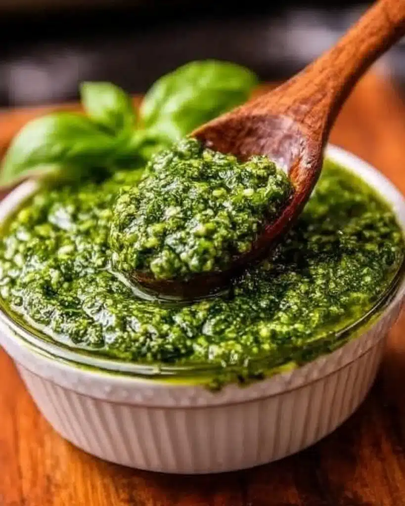 Bowl of homemade fresh basil pesto with pine nuts and garlic