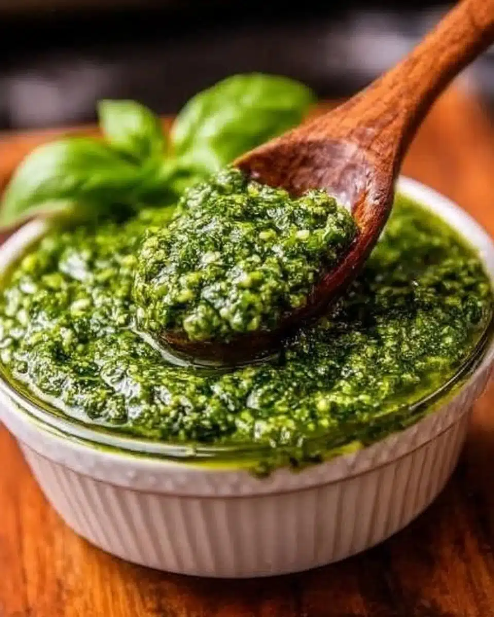 Bowl of homemade fresh basil pesto with pine nuts and garlic