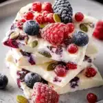 Delicious frozen yogurt bark topped with colorful berries on a plate