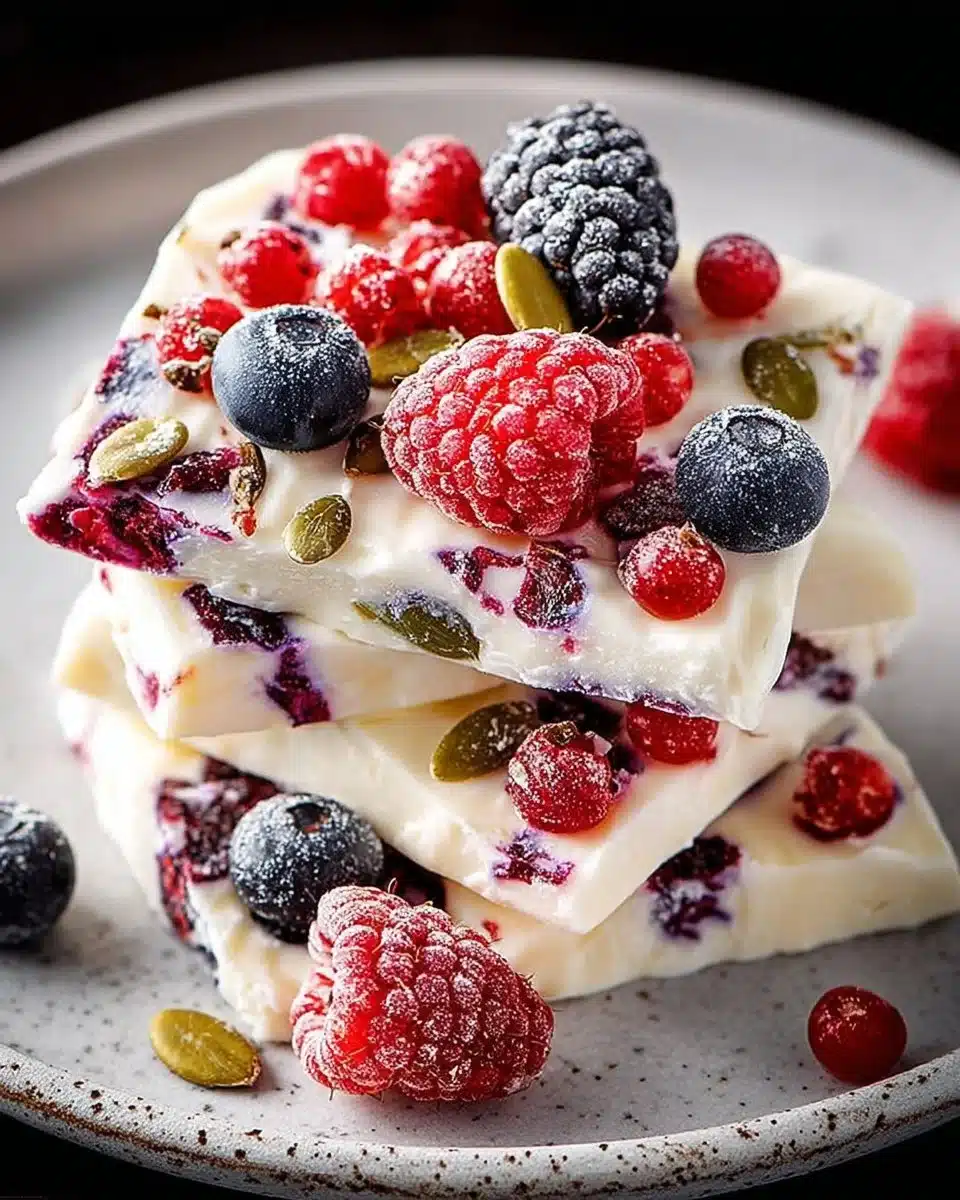 Delicious frozen yogurt bark topped with colorful berries on a plate