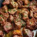 Delicious garlic butter steak bites served on a plate, garnished with parsley.