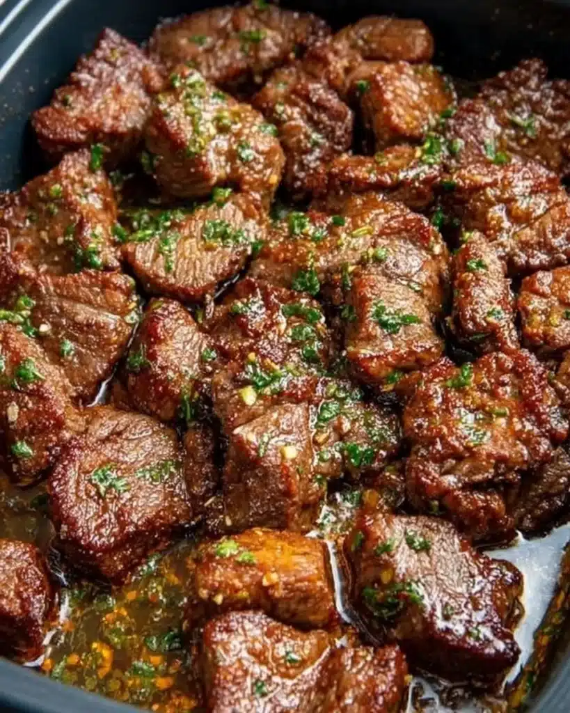 Delicious garlic butter steak bites served on a plate, garnished with parsley.