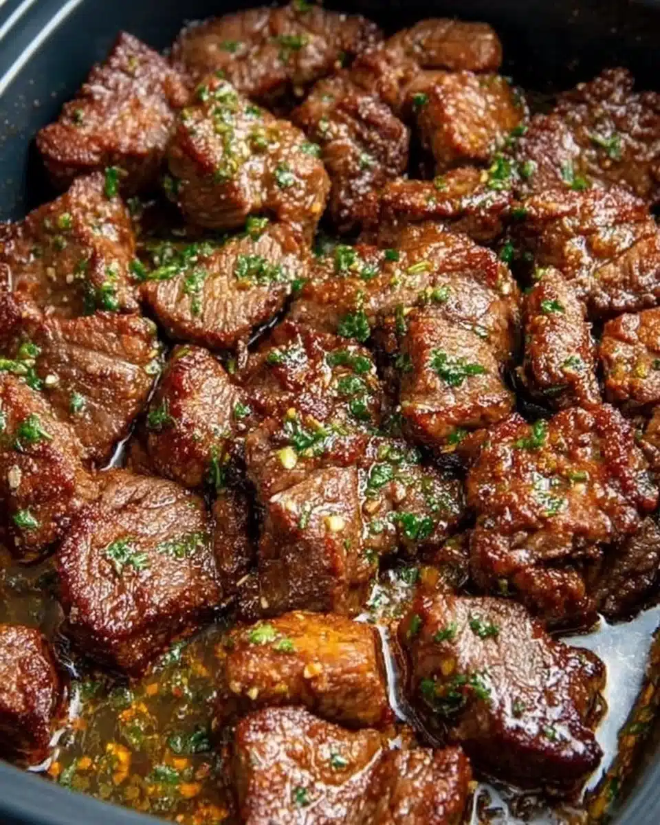 Delicious garlic butter steak bites served on a plate, garnished with parsley.