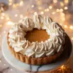 Slice of gingerbread cheesecake topped with whipped cream and gingerbread cookies