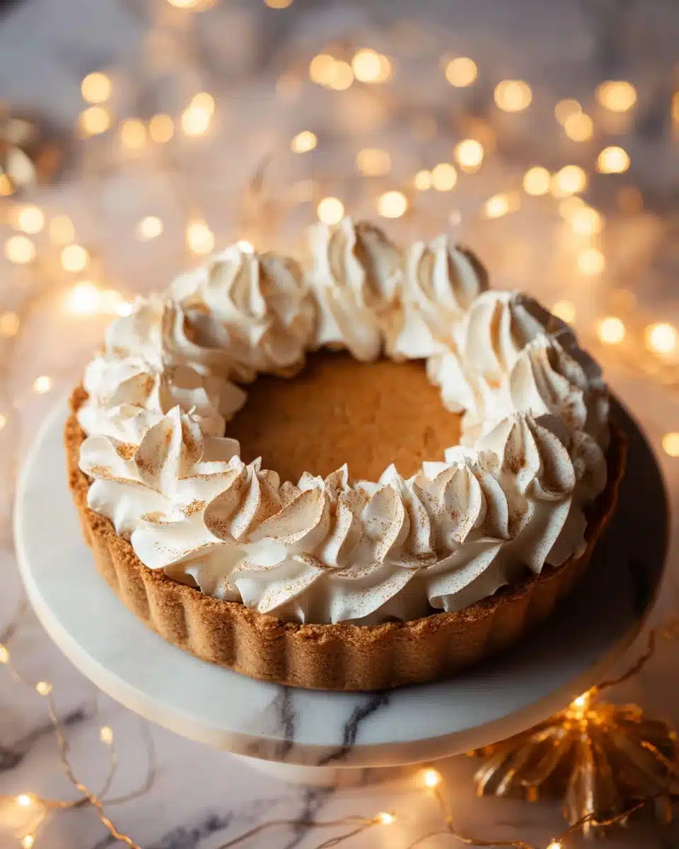 Slice of gingerbread cheesecake topped with whipped cream and gingerbread cookies