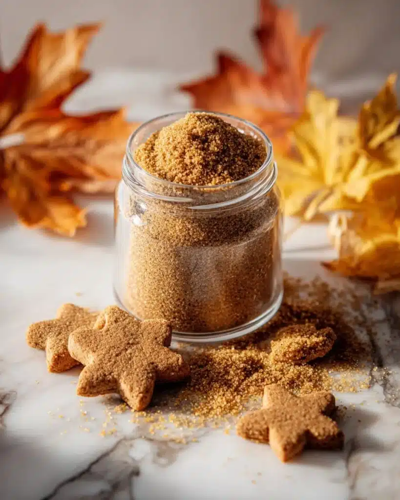 A jar of homemade gingerbread spice blend for festive baking.