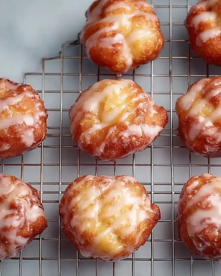 Freshly made glazed apple fritters on a plate