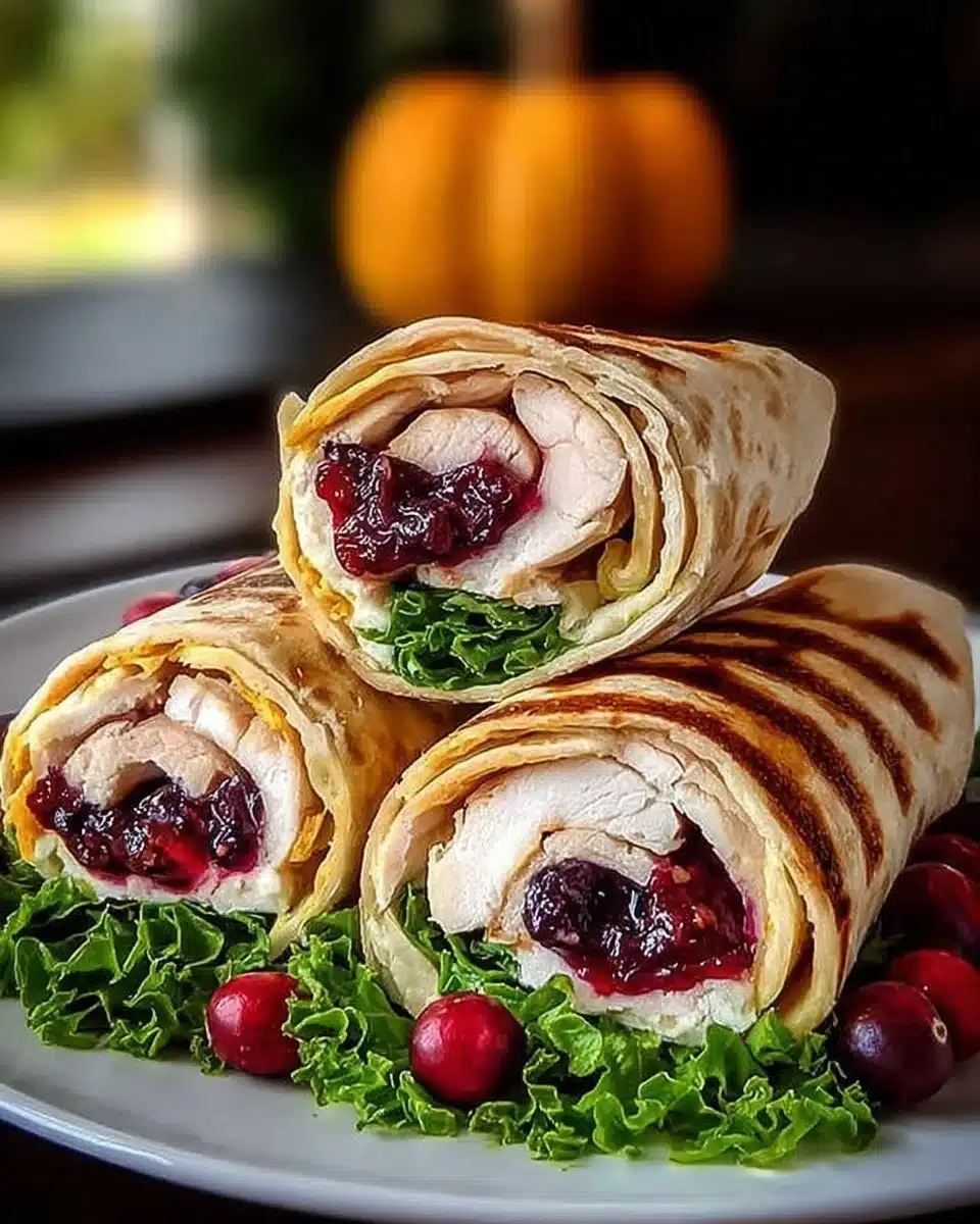 Harvest Turkey and Cranberry Wraps with fresh ingredients on a wooden board