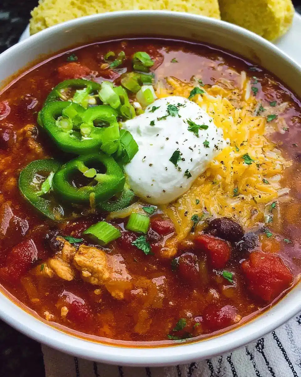 Bowl of healthy turkey chili topped with fresh cilantro and avocado