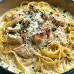 High protein chicken Alfredo dish topped with herbs and cheese