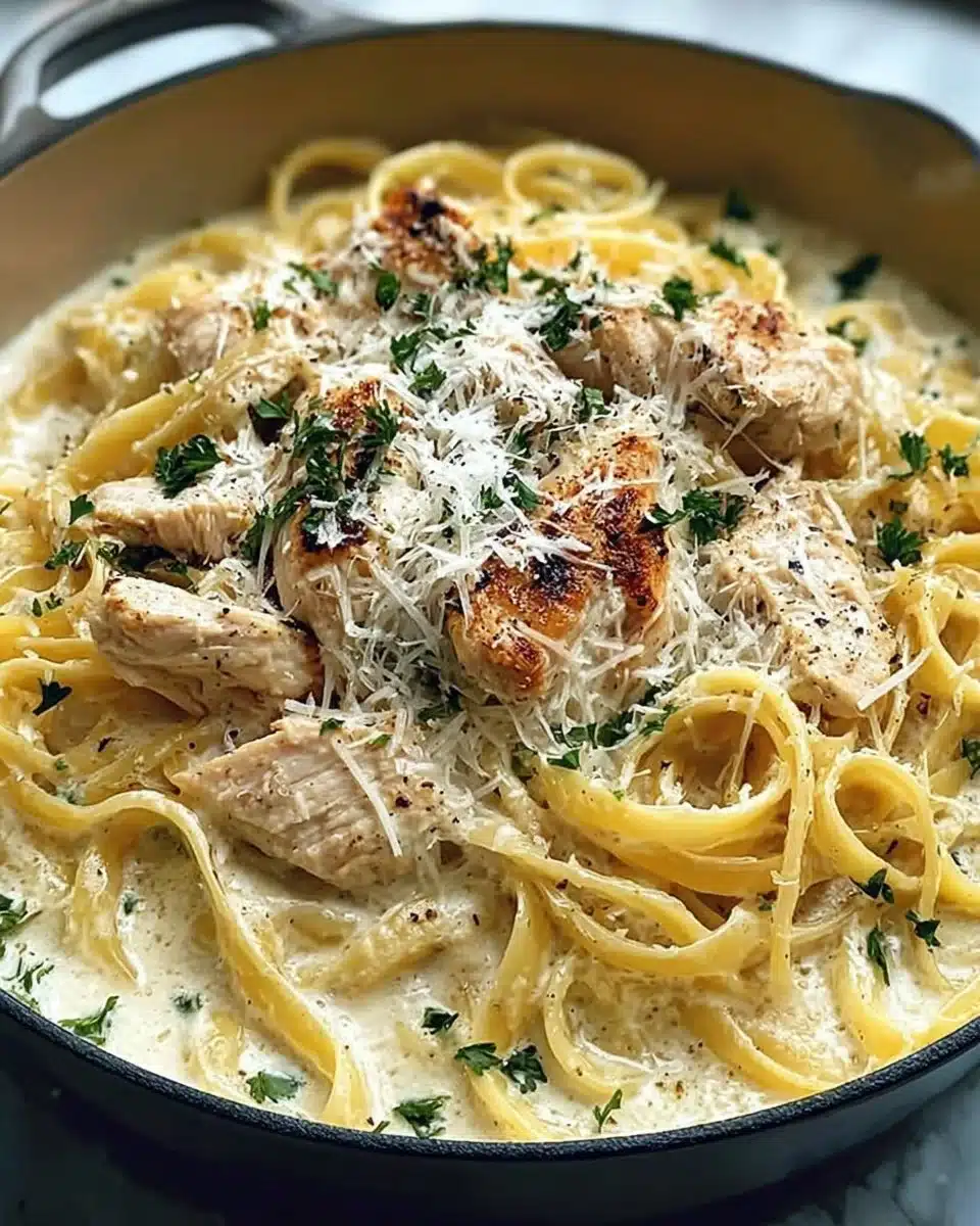 High protein chicken Alfredo dish topped with herbs and cheese