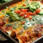 Easy high protein chicken enchiladas topped with cheese and salsa.