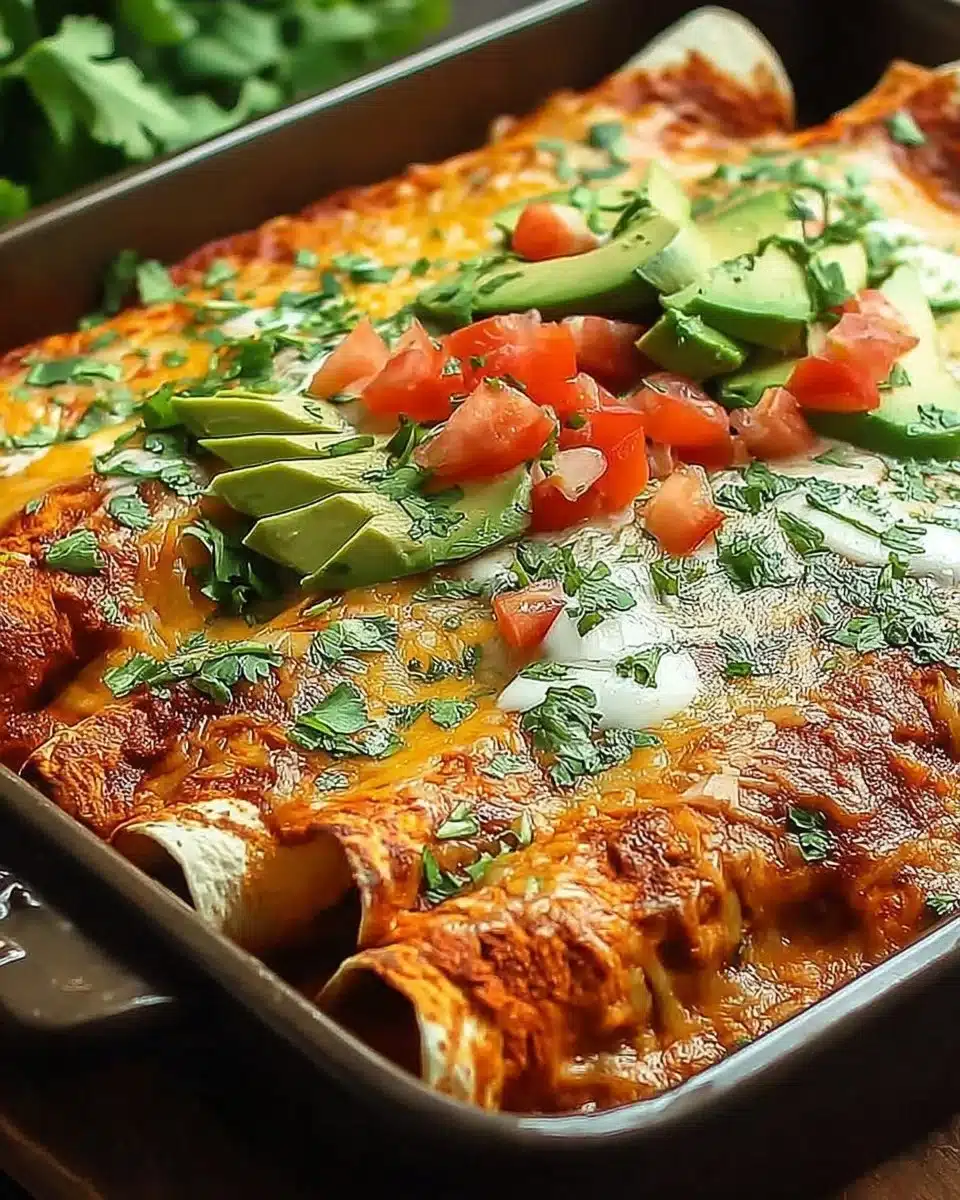 Easy high protein chicken enchiladas topped with cheese and salsa.