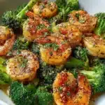 High protein garlic butter shrimp with broccoli in a skillet