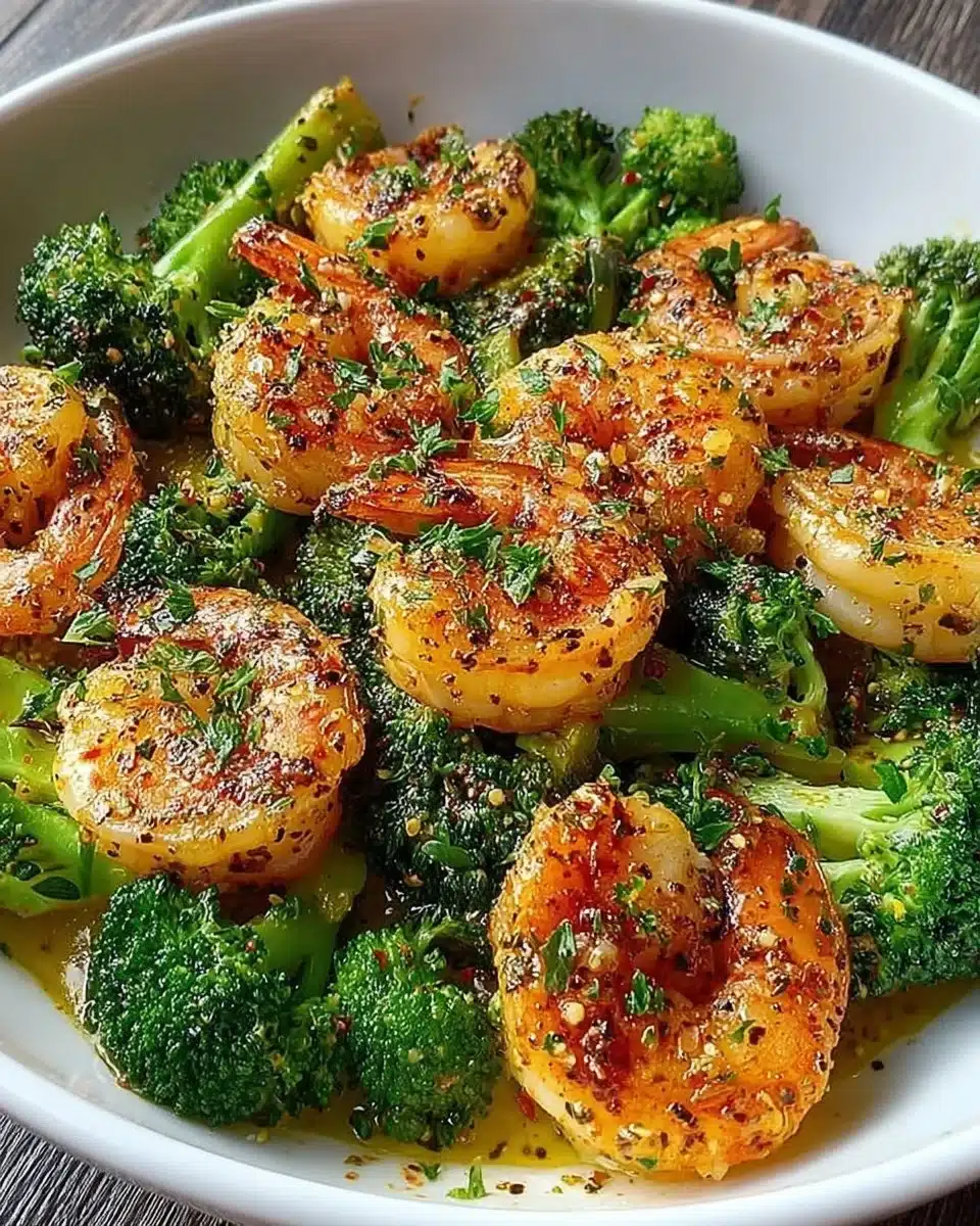 High protein garlic butter shrimp with broccoli in a skillet