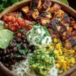 High protein grilled chicken burrito bowl with rice and beans