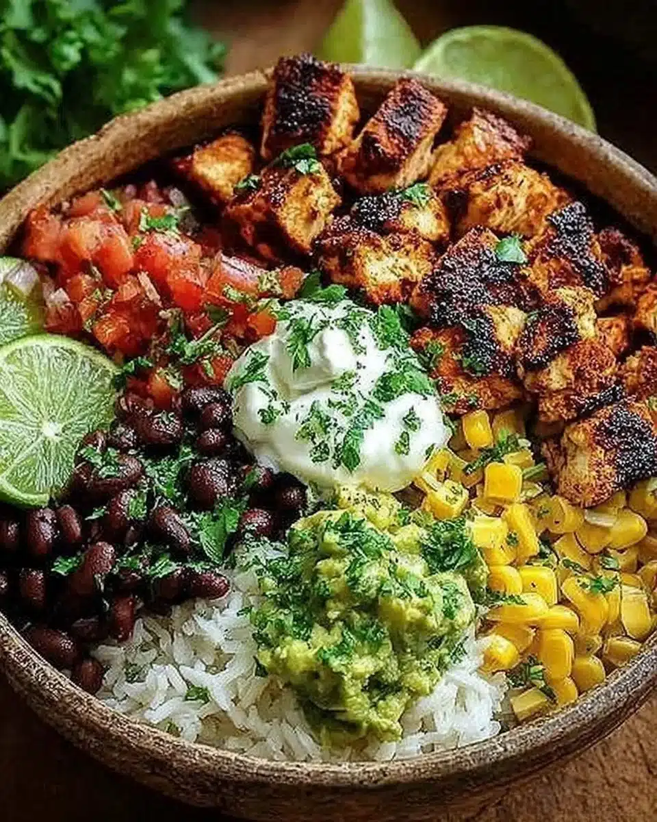 High protein grilled chicken burrito bowl with rice and beans