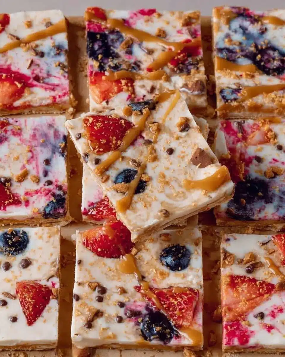 High protein healthy frozen cottage cheese bark on a plate with toppings.