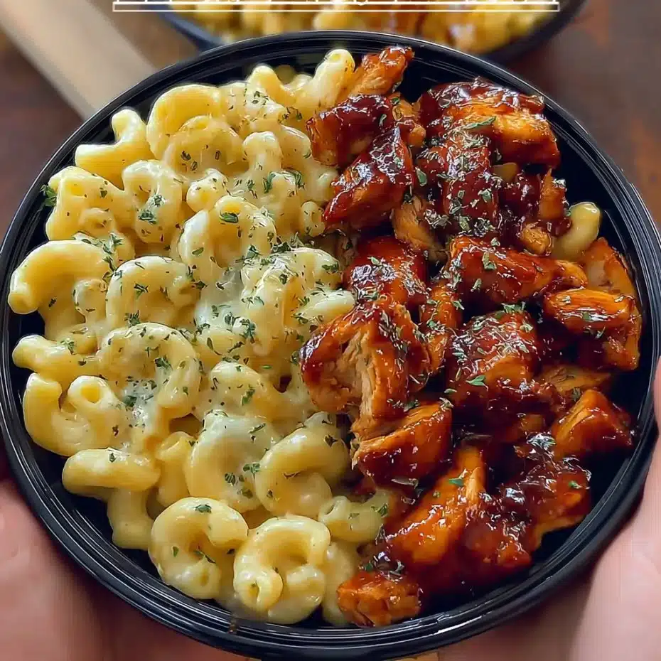 High Protein Honey BBQ Chicken Mac and Cheese dish