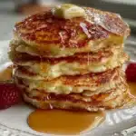 Plate of high protein low calorie cottage cheese pancakes topped with fresh berries