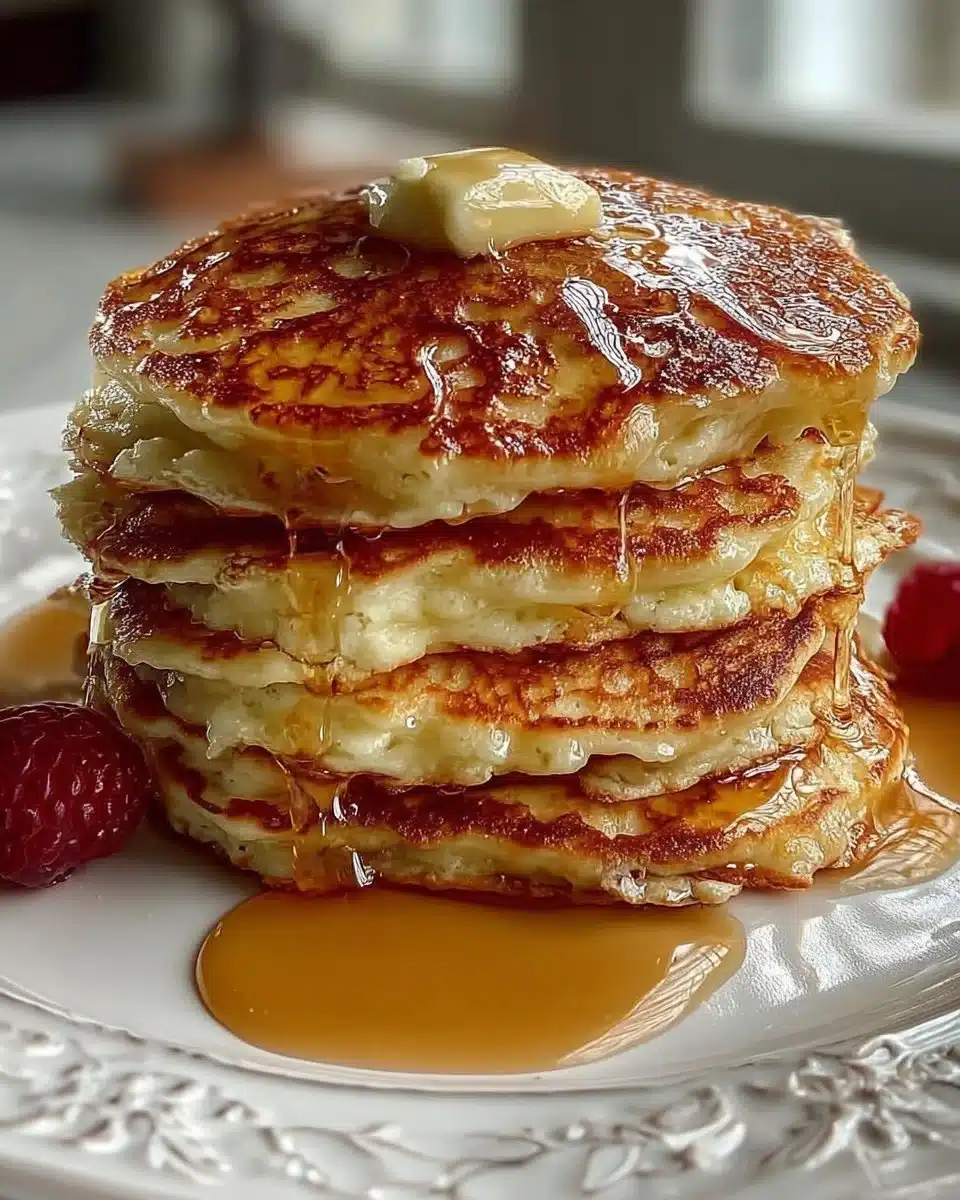 Plate of high protein low calorie cottage cheese pancakes topped with fresh berries