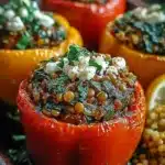 Earthy lentil spinach stuffed peppers for a high protein low calorie meal