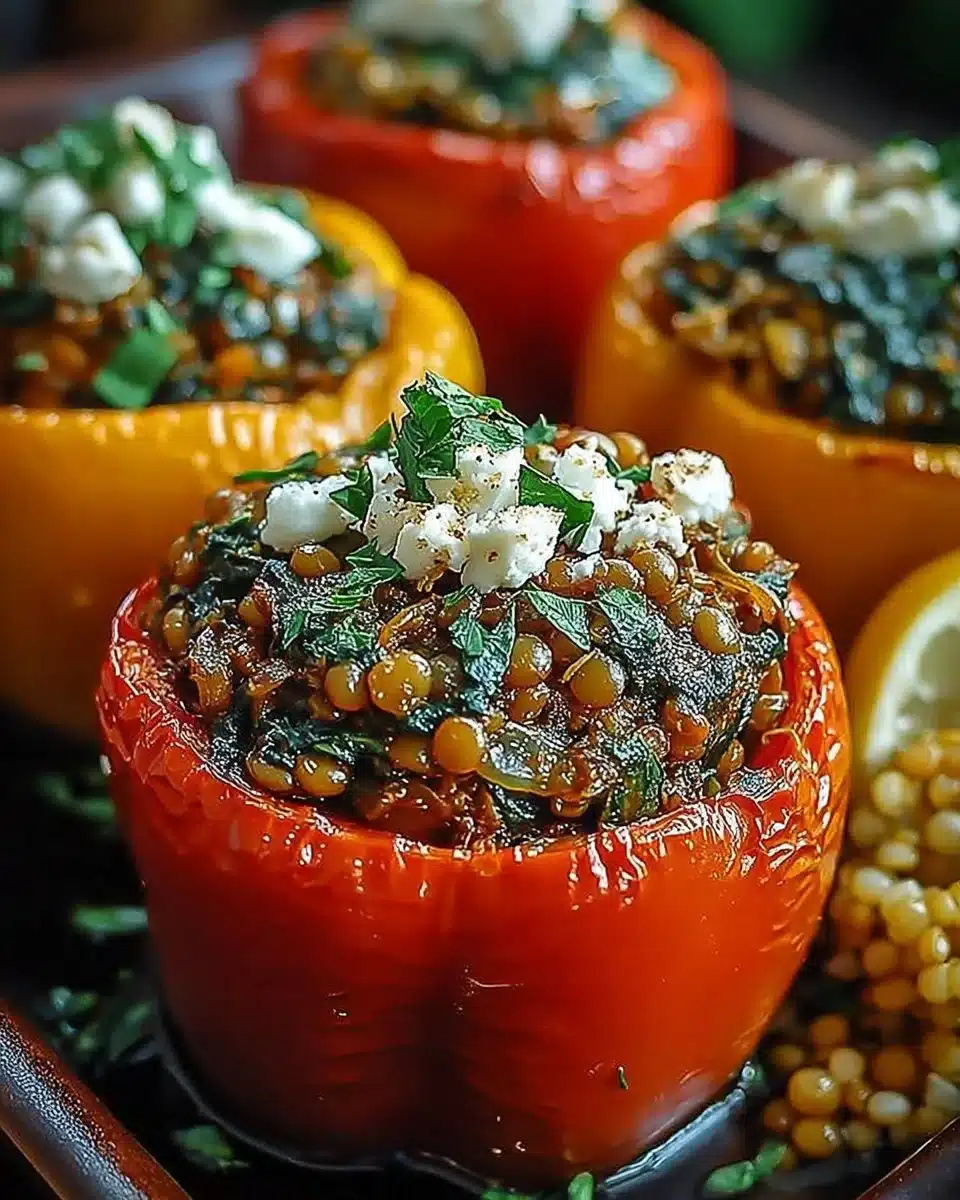 Earthy lentil spinach stuffed peppers for a high protein low calorie meal