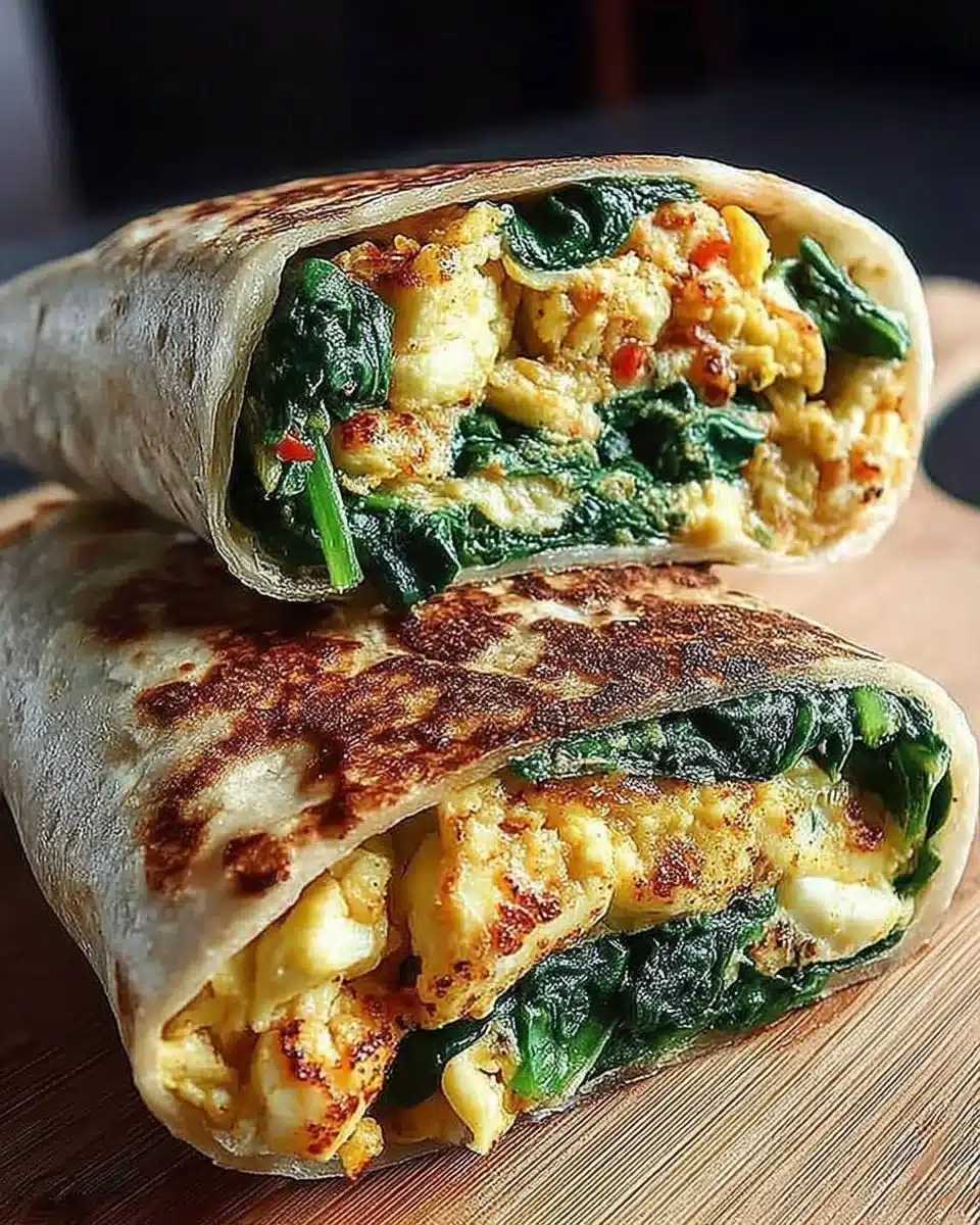 High protein low calorie spinach and egg wrap on a plate