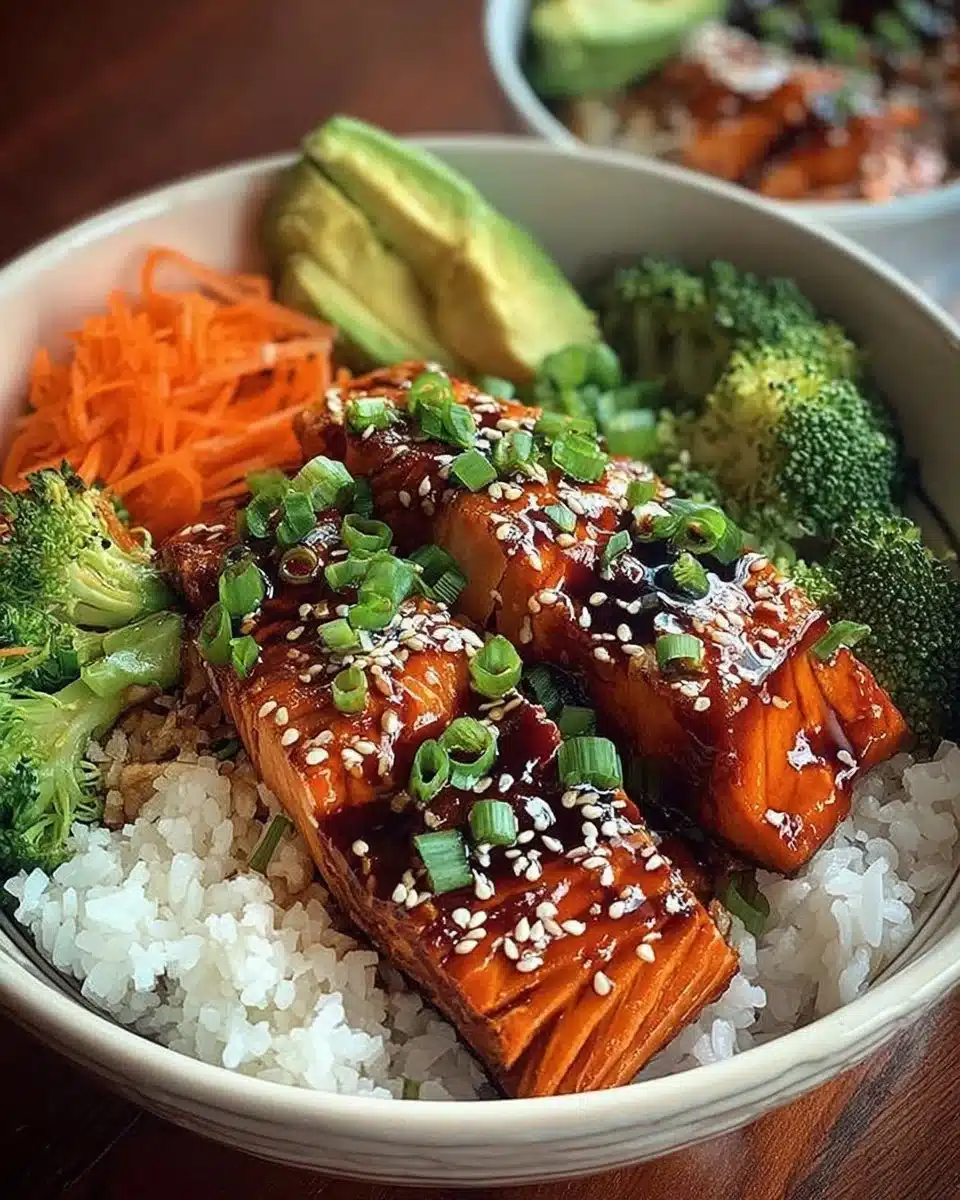 High protein low calorie teriyaki salmon bowl with vegetables and rice