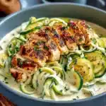 High protein low calorie zucchini noodle chicken alfredo dish