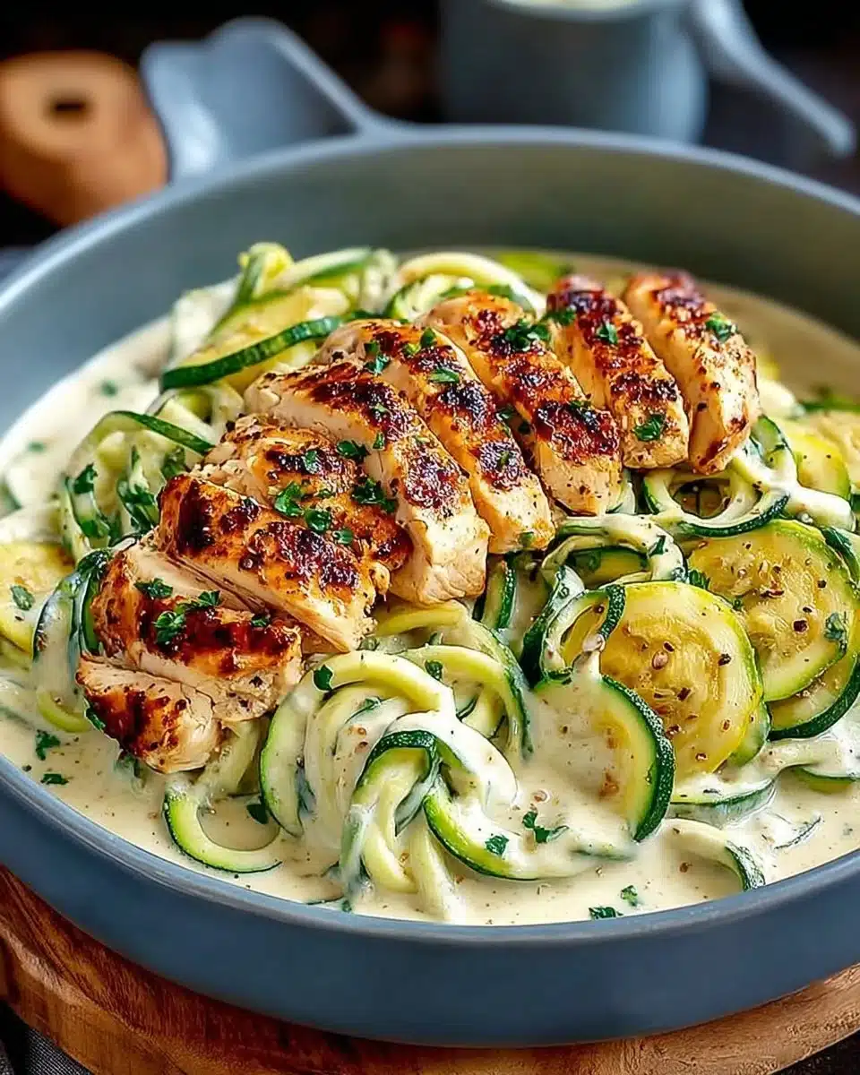 High protein low calorie zucchini noodle chicken alfredo dish