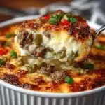 High protein low carb Philly Cheesesteak Casserole ready to serve