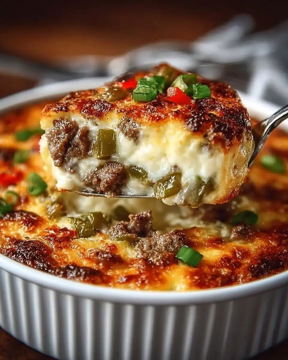 High protein low carb Philly Cheesesteak Casserole ready to serve