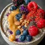 Bowl of high-protein overnight oats topped with fruits and nuts