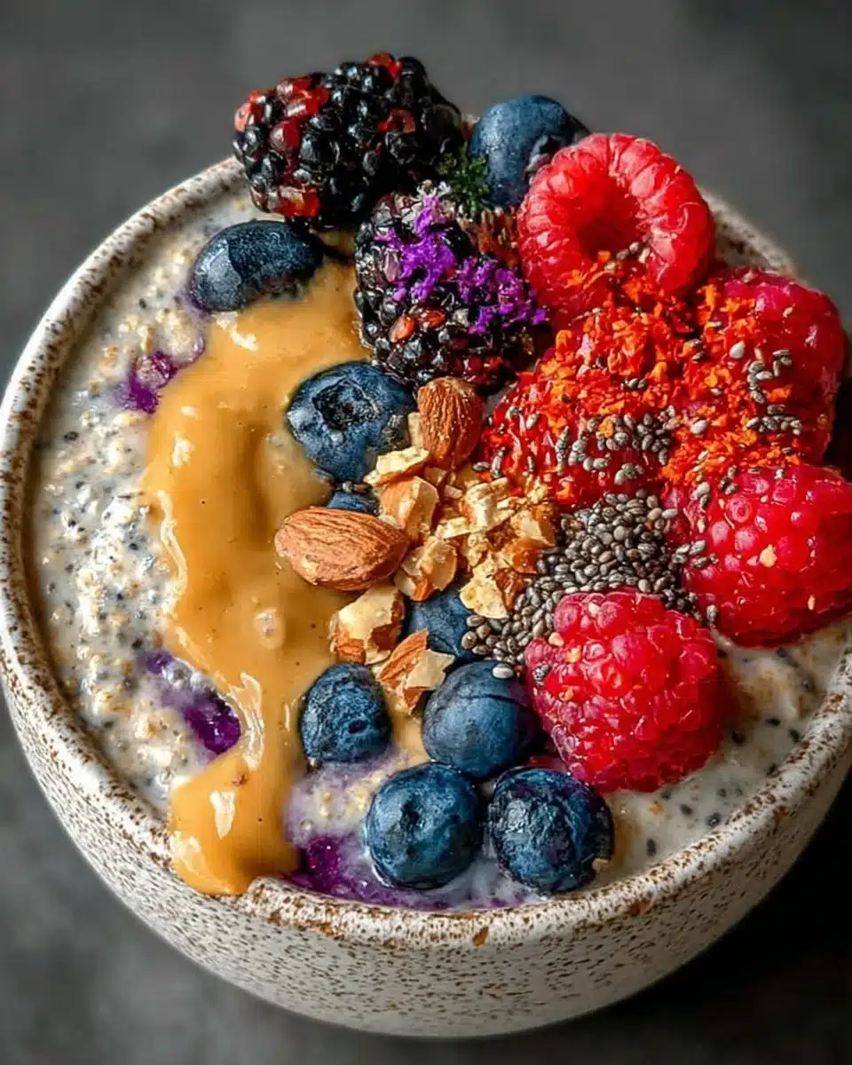 Bowl of high-protein overnight oats topped with fruits and nuts