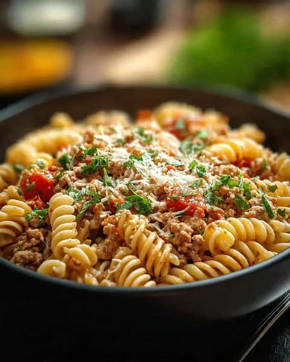 High-protein pasta dish with ground turkey and fresh vegetables