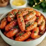 A plate of honey garlic butter roasted carrots garnished with herbs.