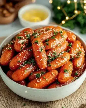 A plate of honey garlic butter roasted carrots garnished with herbs.