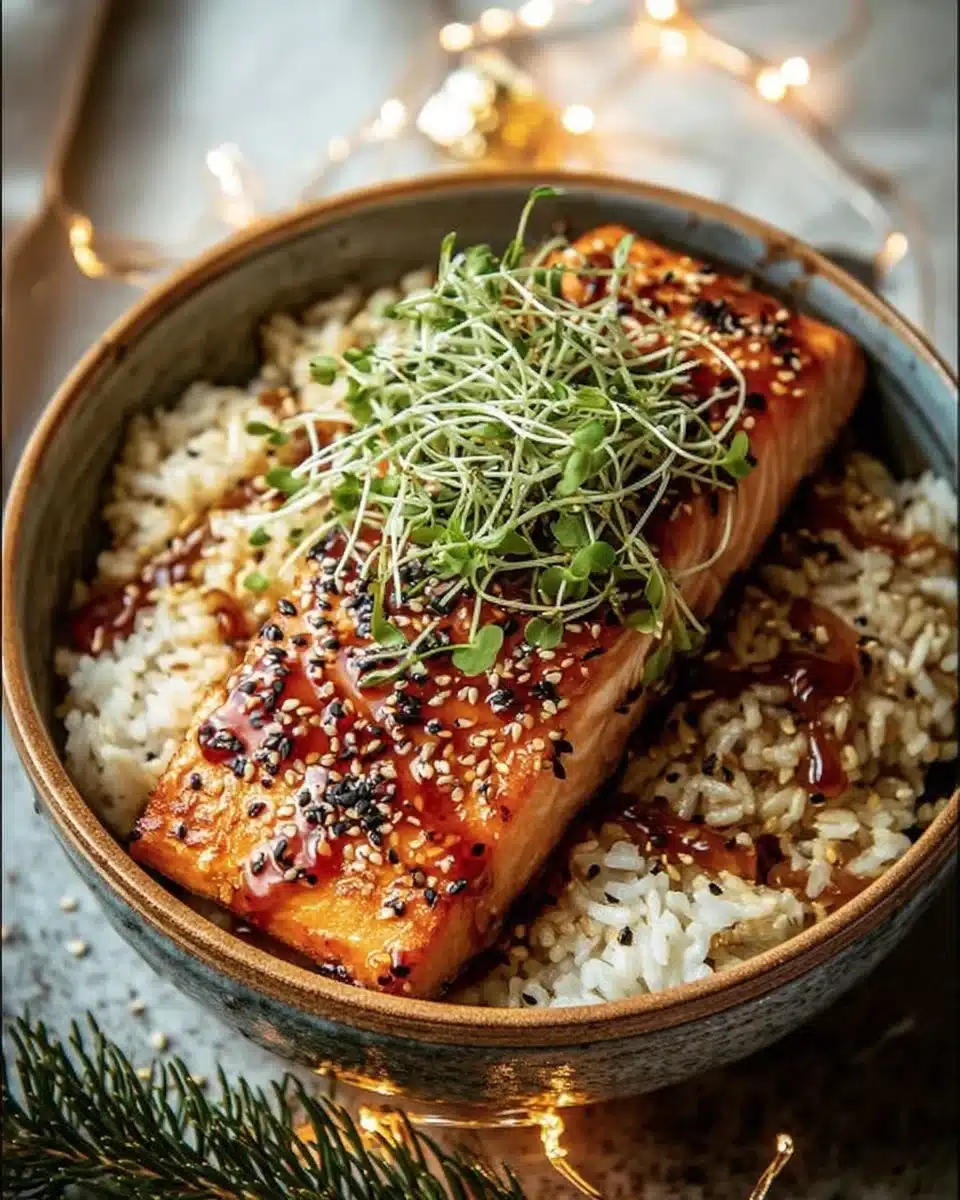 Honey glazed salmon bowl topped with fresh vegetables and garnished for presentation