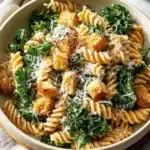 A bowl of Kale Caesar Pasta Salad with kale, pasta, and Caesar dressing.