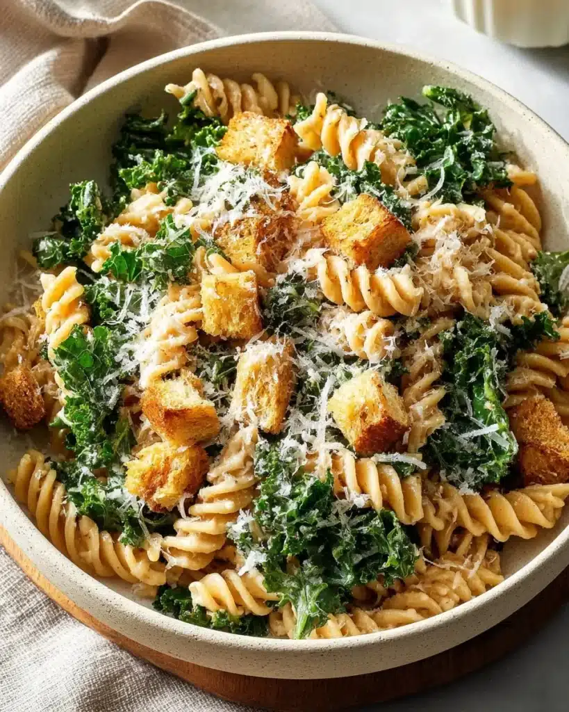 A bowl of Kale Caesar Pasta Salad with kale, pasta, and Caesar dressing.