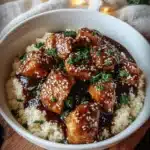 Delicious Keto Bourbon Chicken served on a plate garnished with herbs
