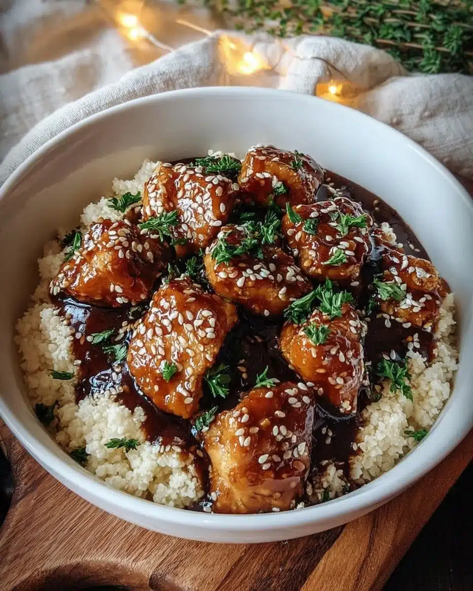 Delicious Keto Bourbon Chicken served on a plate garnished with herbs