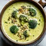 Bowl of Keto Crockpot Broccoli Cheese Soup garnished with cheese and herbs