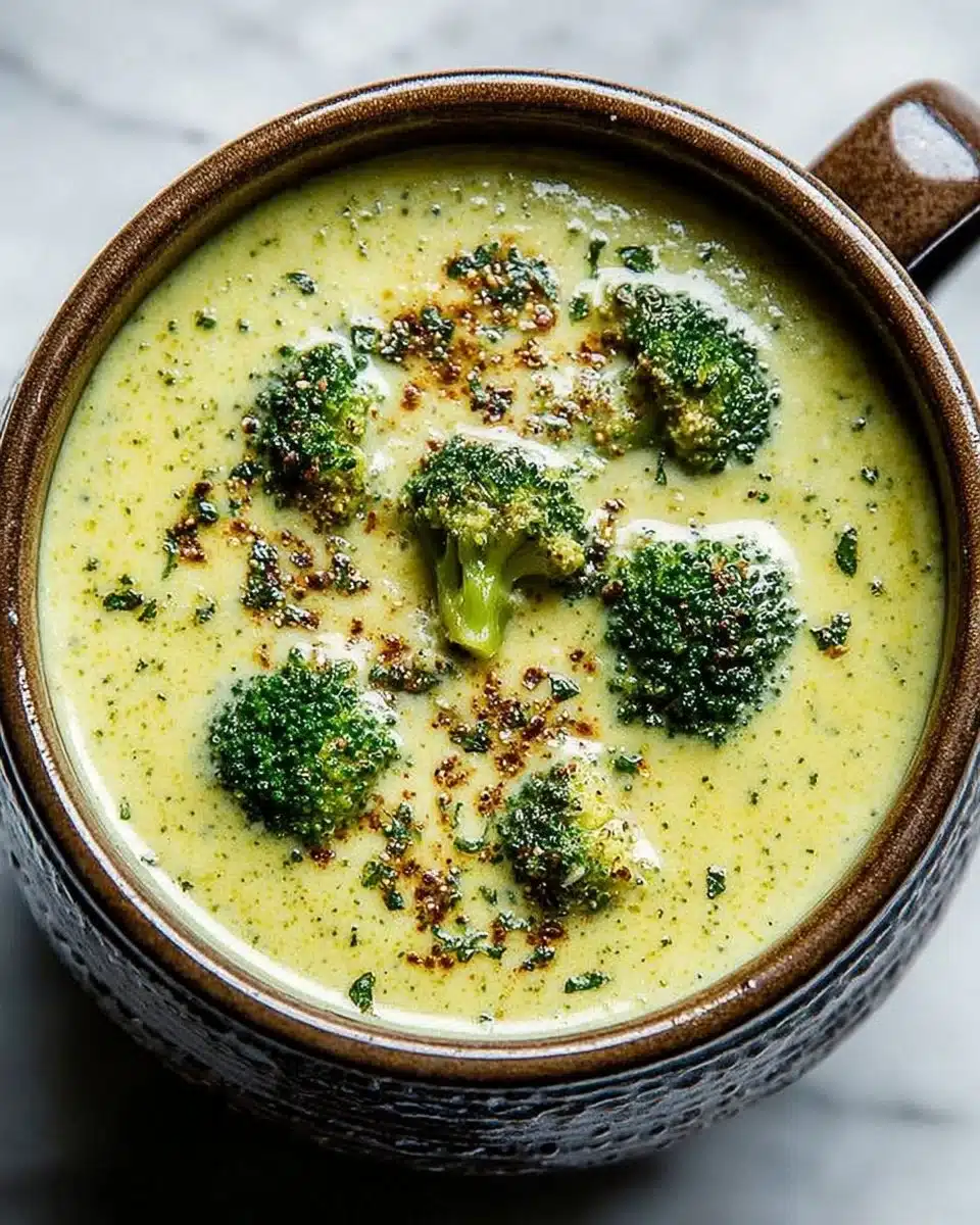 Bowl of Keto Crockpot Broccoli Cheese Soup garnished with cheese and herbs