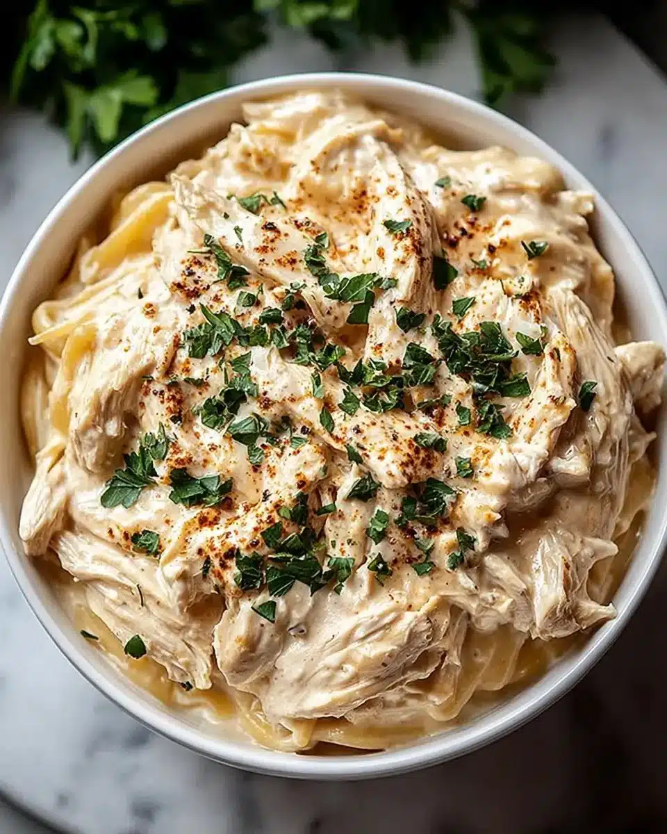 Delicious Keto Slow Cooker Chicken Alfredo in a creamy sauce