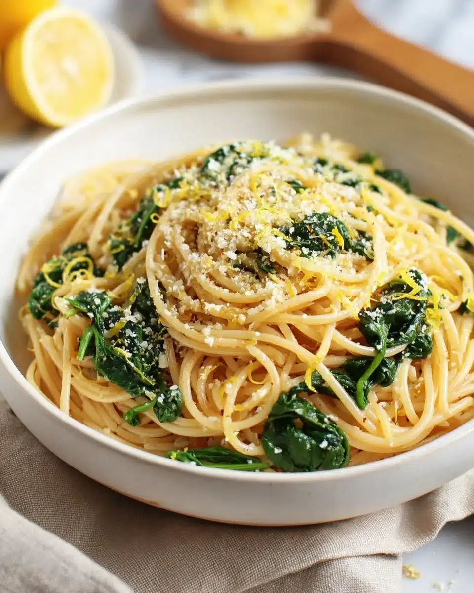 Delicious lemon spinach pasta dish garnished with fresh herbs and lemon zest.